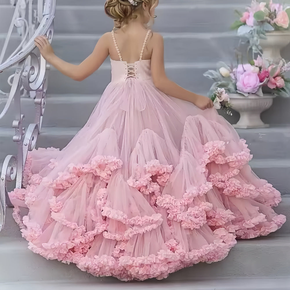 Sunnypetal Pink Kids Flower Girl Dresses Tulle Beaded Bow Pageant Gowns With Train