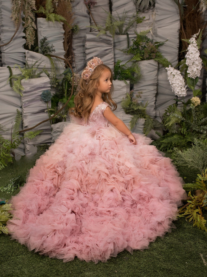 Sunnypetal Pink Puffy Tulle Kids Flower Girl Dresses Crystal Feather Shiny Bodice Birthday Ball-Gown