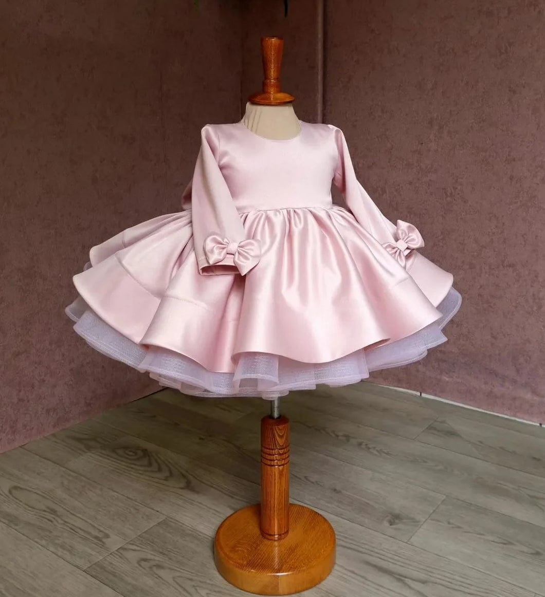 Sunnypetal Pink Satin Scoop Neck Fluffy Tutu Dress Baby Toddler Birthday Dress With Bow