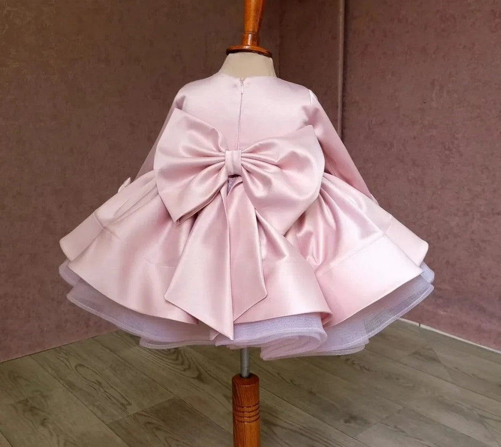 Sunnypetal Pink Satin Scoop Neck Fluffy Tutu Dress Baby Toddler Birthday Dress With Bow