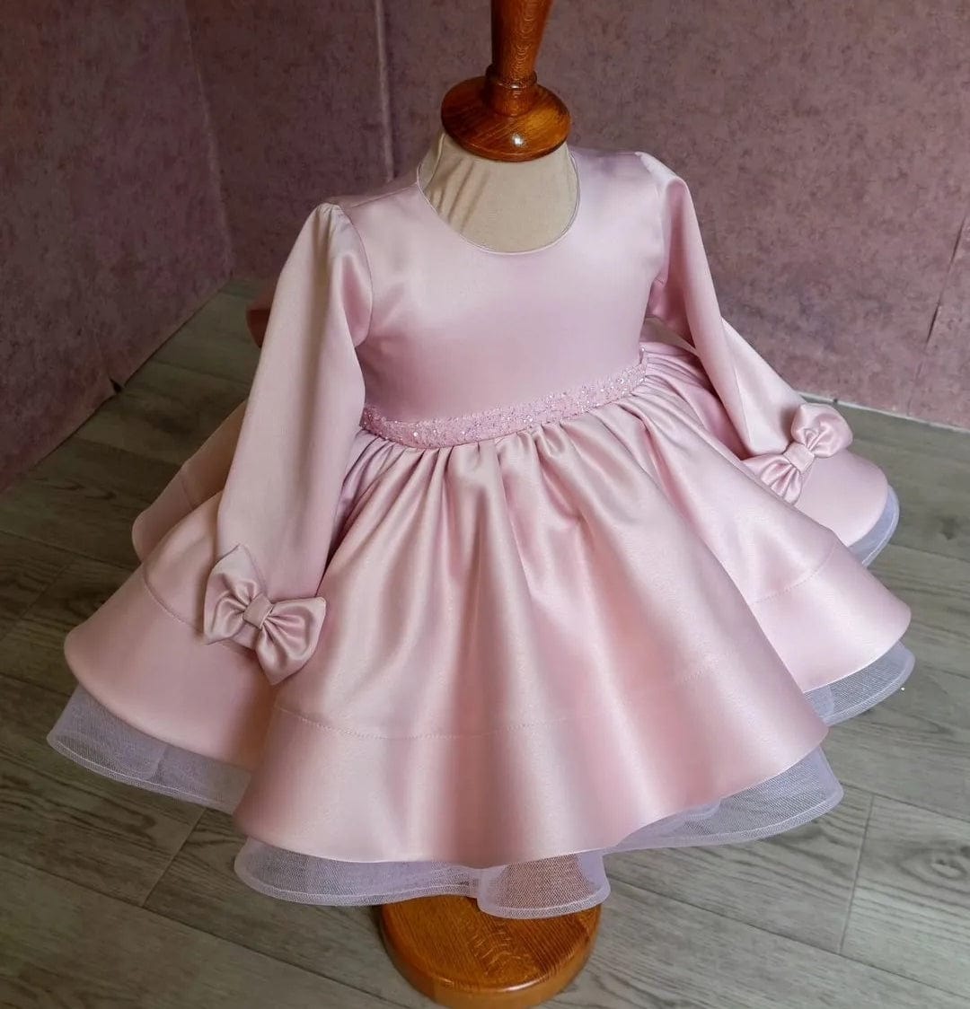 Sunnypetal Pink Satin Scoop Neck Fluffy Tutu Dress Baby Toddler Birthday Dress With Bow