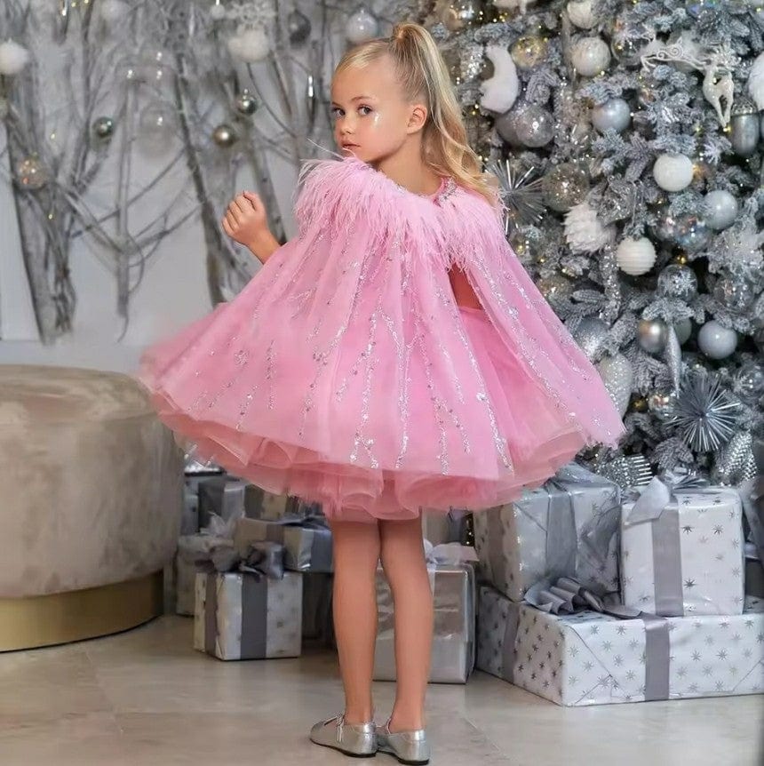 Sunnypetal Pink Tulle Dress Baby Girl Feather Cloak Sleeves Princess Party Flower Girl Dress