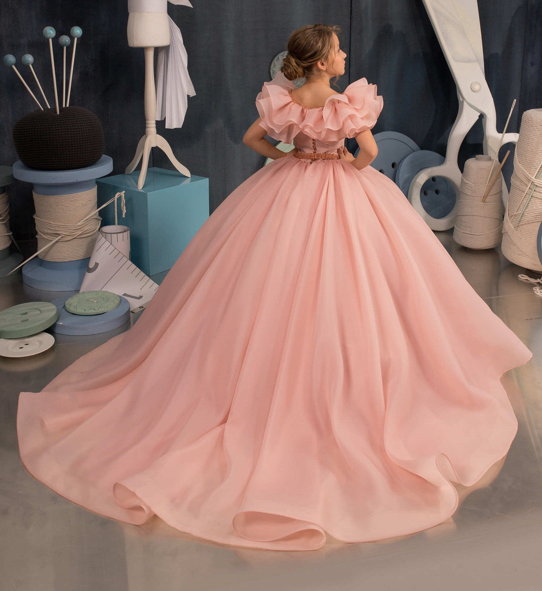 Sunnypetal Pink Tulle Ruffles Ball Gown Flower Girl Dress With Beading