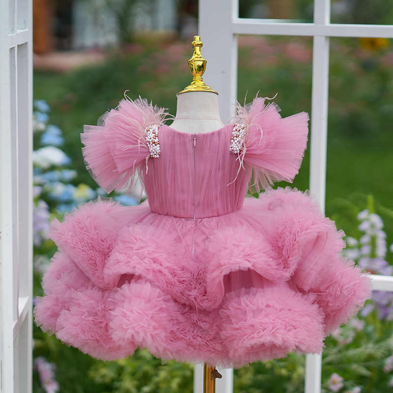 Sunnypetal Pink Tulle Ruffles Flower Girl Dress Pearls Knee-Length Birthday Toddler Dresses