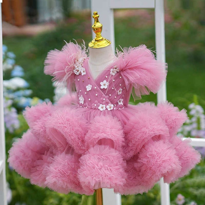 Sunnypetal Pink Tulle Ruffles Flower Girl Dress Pearls Knee-Length Birthday Toddler Dresses