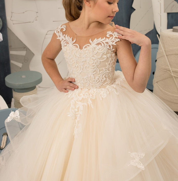 Sunnypetal Princess Lace Sleeveless Tulle Ruffles Flower Girl Dress With Beading