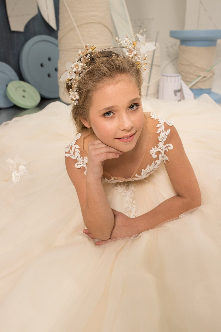 Sunnypetal Princess Lace Sleeveless Tulle Ruffles Flower Girl Dress With Beading