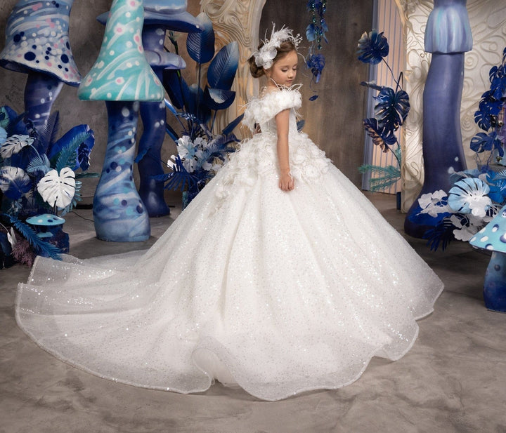 Sunnypetal Princess Tulle Sequins Feather Pearls Kids Flower Girl Dress