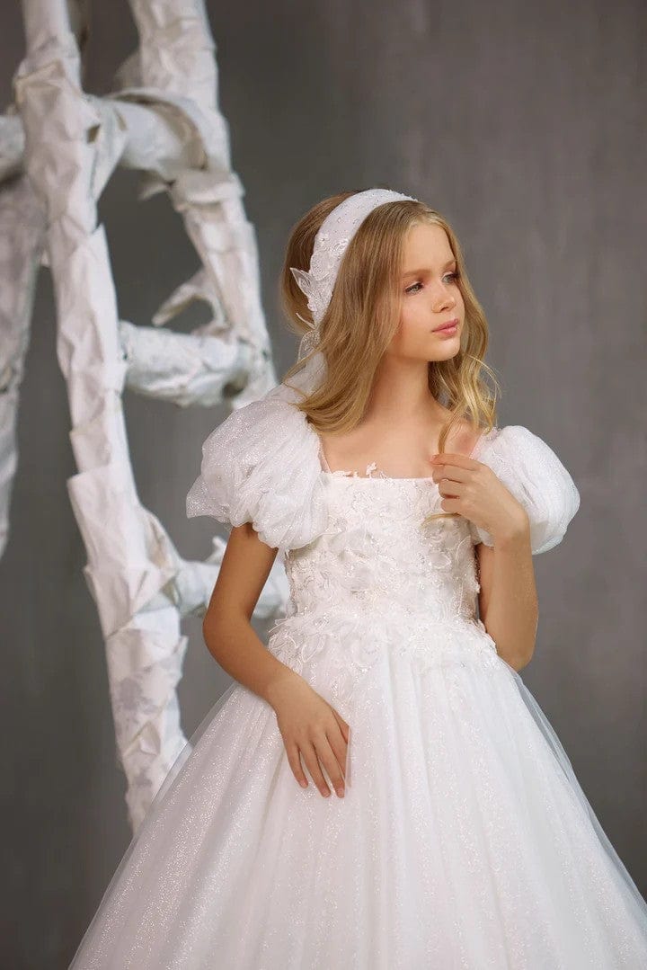 Sunnypetal Puff Sleeves Glitter Tulle Dress Square Neck Lace Bodic Flower Girl Dresses