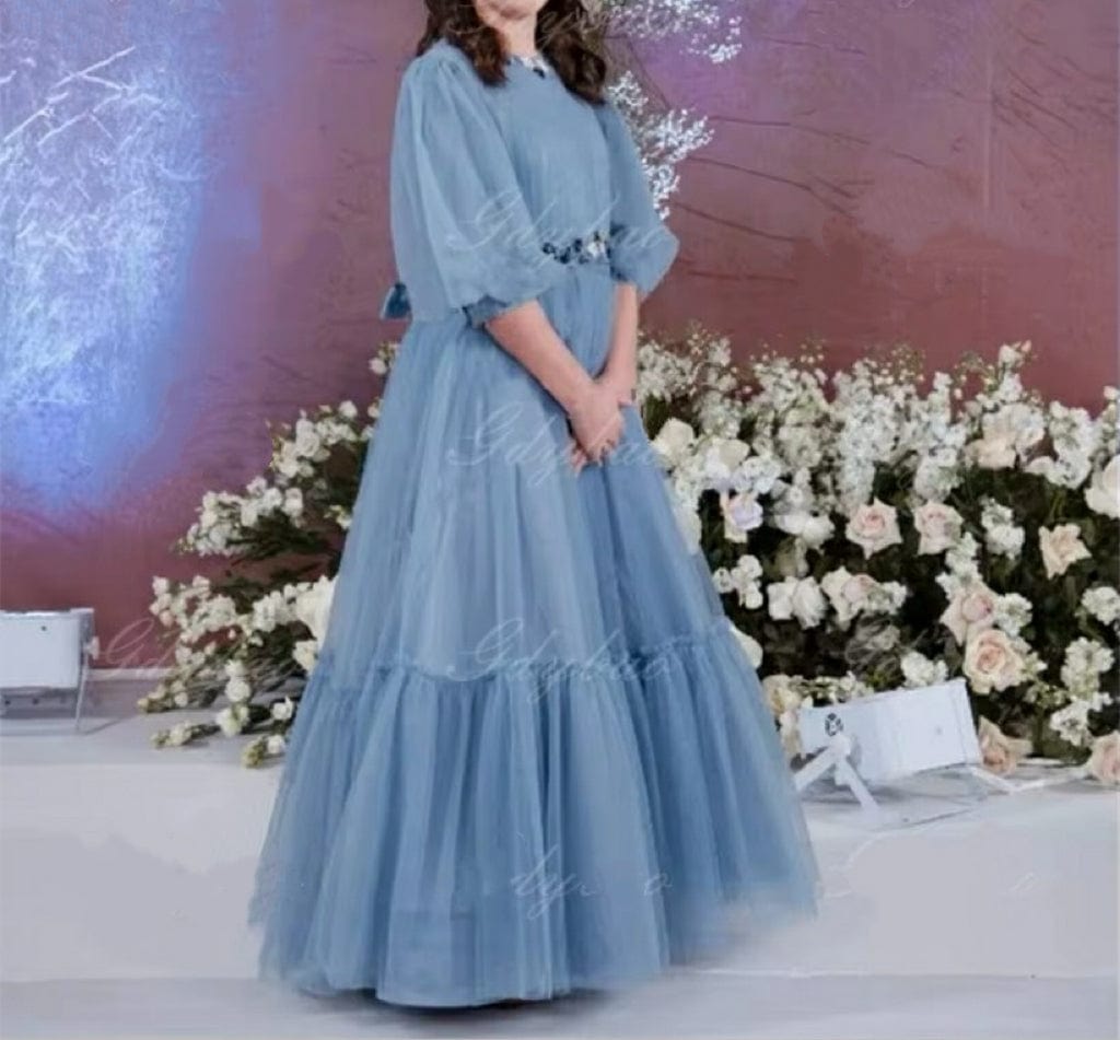 Sunnypetal Puff Sleeves Puffy Tulle Flower Girl Dresses Floor-Length Princess Dress