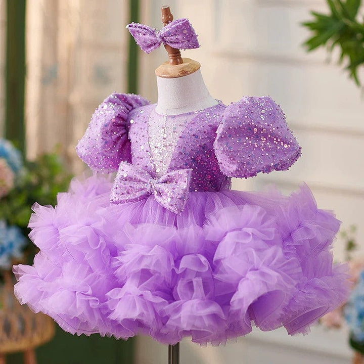 Sunnypetal Puff Sleeves Sequins Tulle Knee-Length Ball-Gown Baby Girl Dress