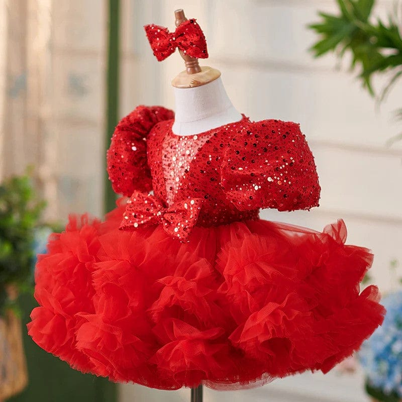 Sunnypetal Puff Sleeves Sequins Tulle Knee-Length Ball-Gown Baby Girl Dress