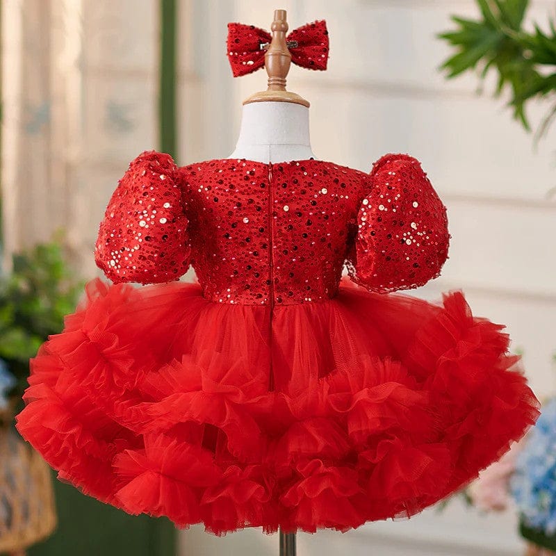 Sunnypetal Puff Sleeves Sequins Tulle Knee-Length Ball-Gown Baby Girl Dress