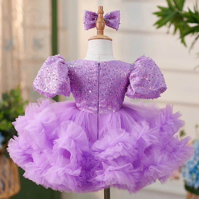 Sunnypetal Puff Sleeves Sequins Tulle Knee-Length Ball-Gown Baby Girl Dress