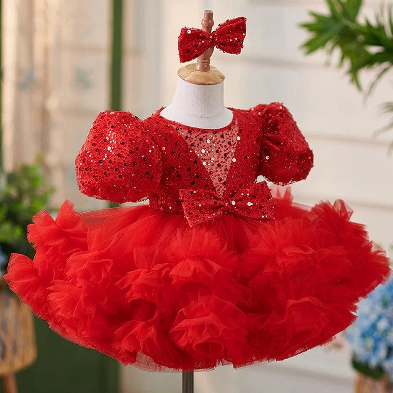 Sunnypetal Puff Sleeves Sequins Tulle Knee-Length Ball-Gown Baby Girl Dress