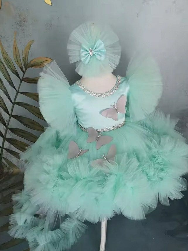 Sunnypetal Puffy Aqua Flower Girl Dresses Child Butterfly Tulle Dress Rhinestone Bow Kids