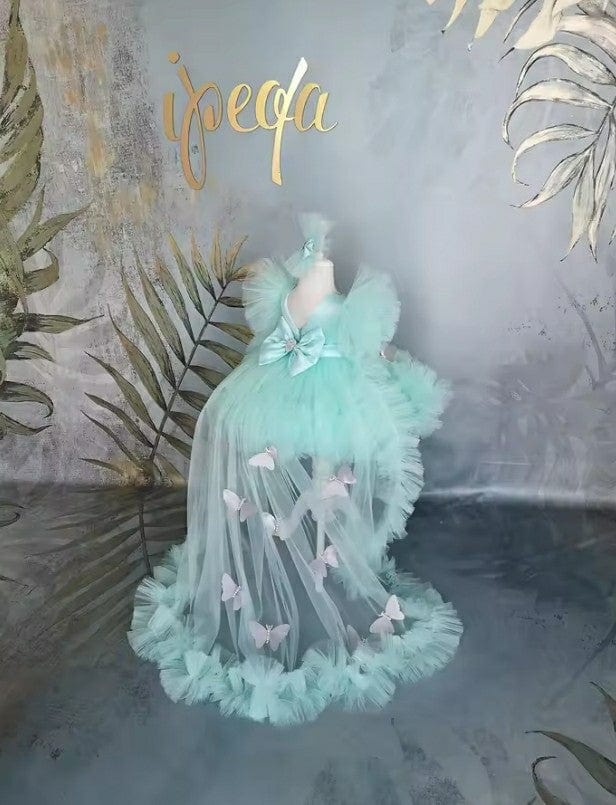 Sunnypetal Puffy Aqua Flower Girl Dresses Child Butterfly Tulle Dress Rhinestone Bow Kids