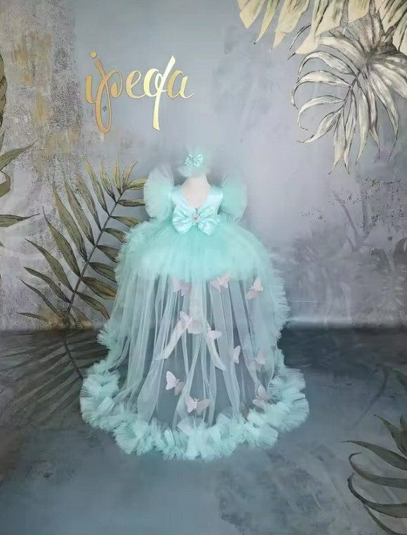 Sunnypetal Puffy Aqua Flower Girl Dresses Child Butterfly Tulle Dress Rhinestone Bow Kids