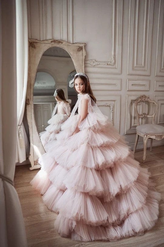 Sunnypetal Puffy Ruffled Tulle Flower Girl Dress Pageant Ball-Gown With Straps