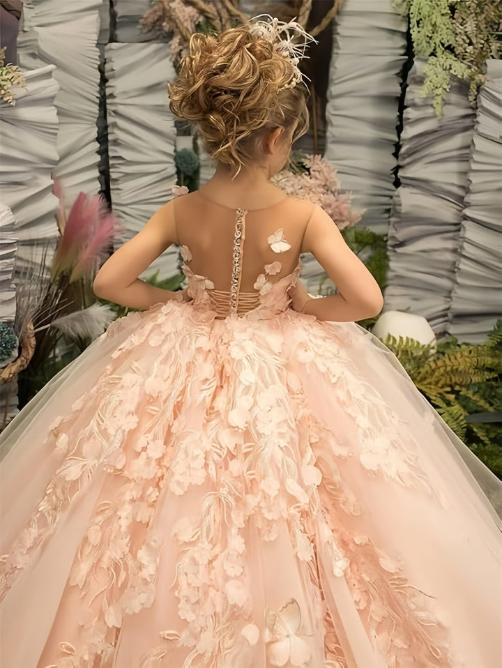 Sunnypetal Puffy Tulle Flower Girl Dress Appliques 3D Butterfly Pageant Party Princess Dresses