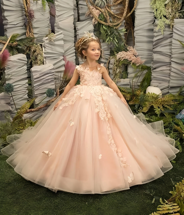 Sunnypetal Puffy Tulle Flower Girl Dress Appliques 3D Butterfly Pageant Party Princess Dresses