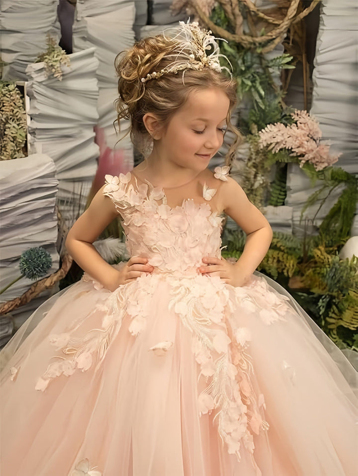 Sunnypetal Puffy Tulle Flower Girl Dress Appliques 3D Butterfly Pageant Party Princess Dresses