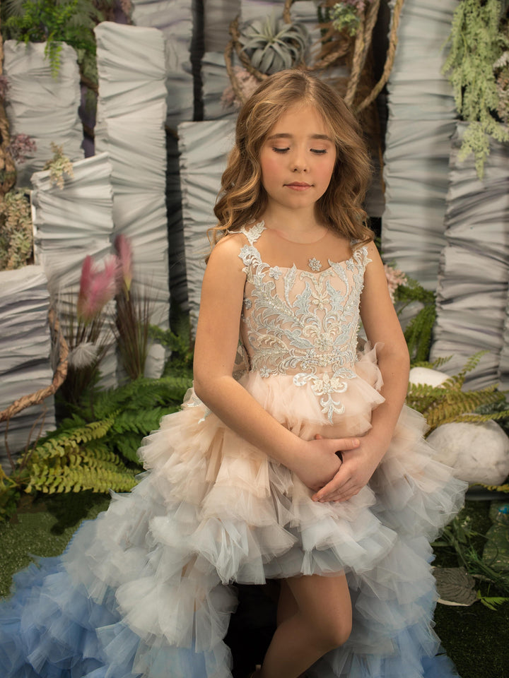 Sunnypetal Puffy Tulle Ruffles Flower Girl Dress Lace Appliques Pearls Prom Dress With Train