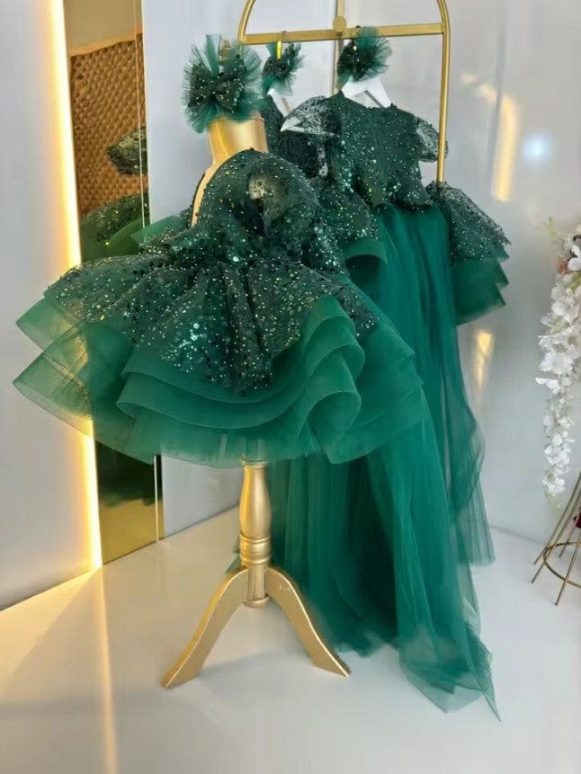 Sunnypetal Puffy Tulle Sequins Baby Kids Flower Girl Dresses Pageant Dresses With Train