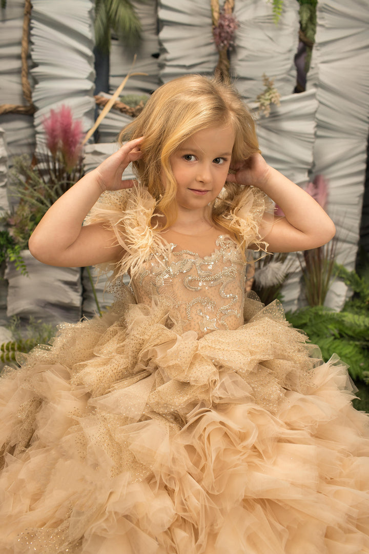 Sunnypetal Puffy Tulle Sequins Flower Girl Dresses Long Princess Dress With Train