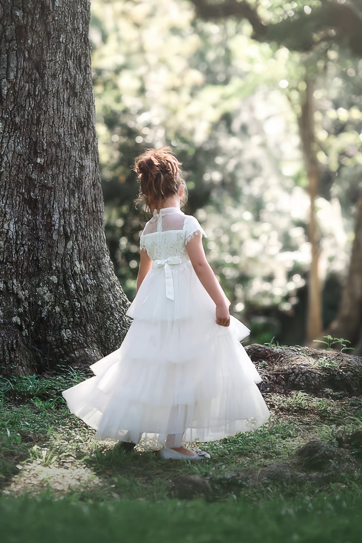 Sunnypetal Puffy Tulle White Flower Girl Dresses Lace High Neck First Communion Dress