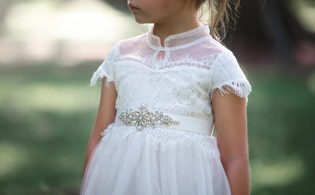 Sunnypetal Puffy Tulle White Flower Girl Dresses Lace High Neck First Communion Dress