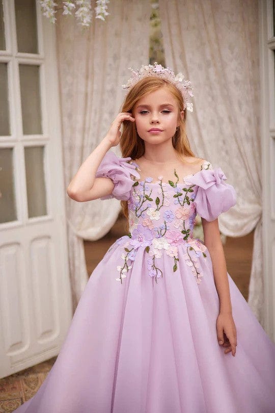 Sunnypetal Purple Chiffon Flower Girl Dress Bow Puffy Sleeves Lace Appliques Wedding Gowns