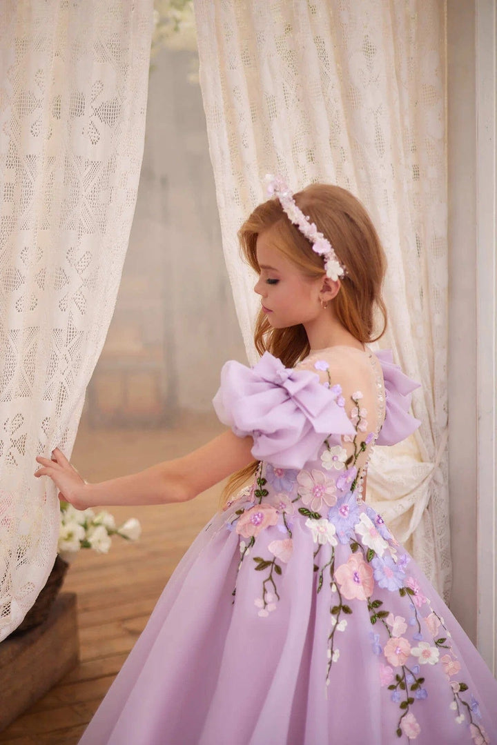 Sunnypetal Purple Chiffon Flower Girl Dress Bow Puffy Sleeves Lace Appliques Wedding Gowns