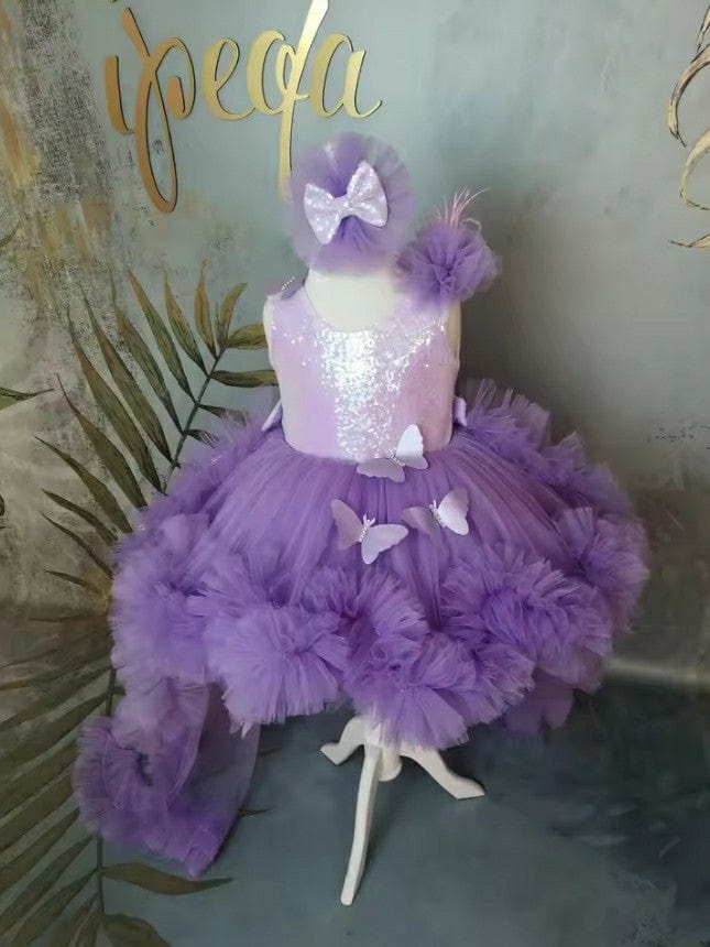 Sunnypetal Purple Flower Girl Dresses Children 3D Butterfly Tulle Dress Sequins Bow