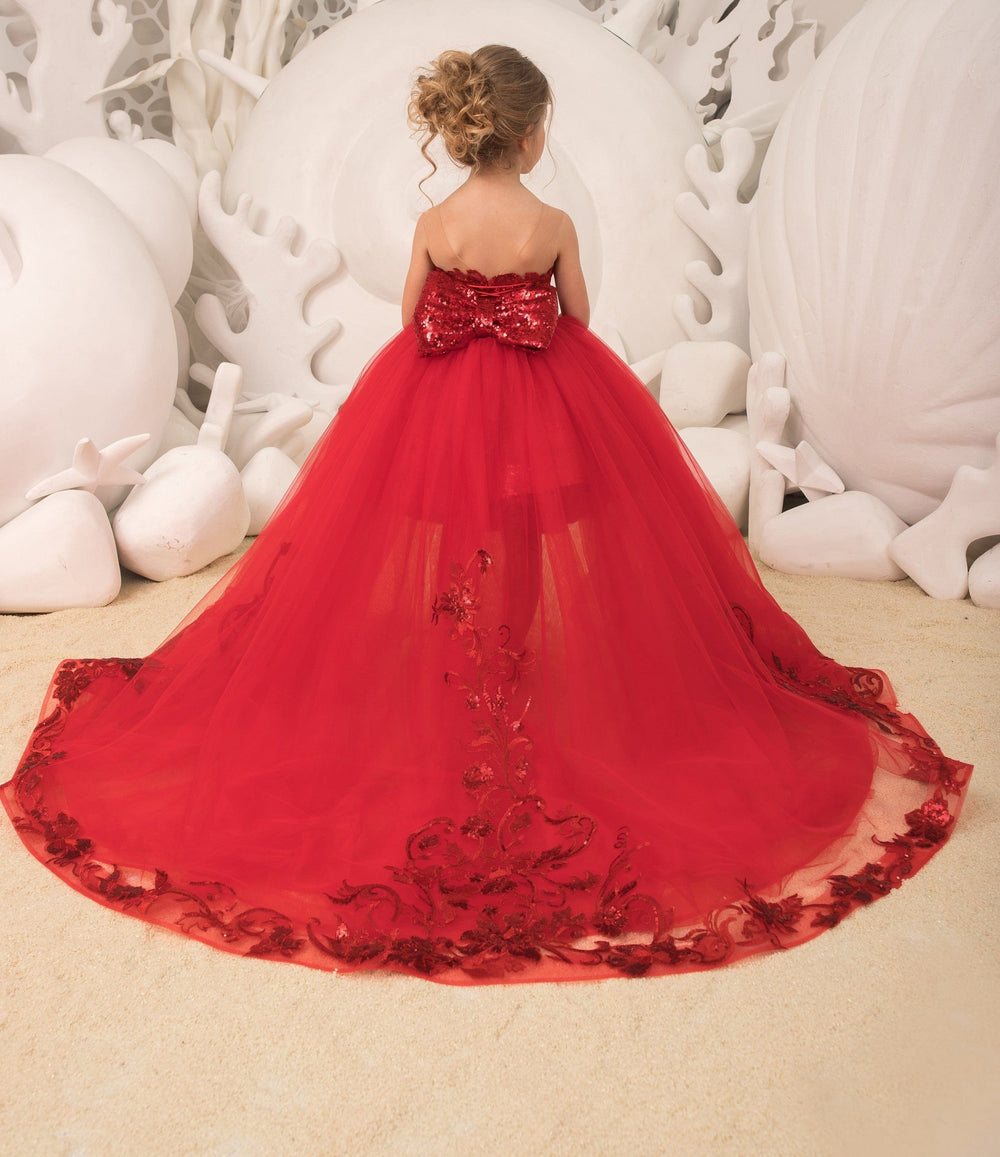 Sunnypetal Red Ball-Gown Knee-Length Tulle Lace Sequins Bow Child Flower Girl Dress