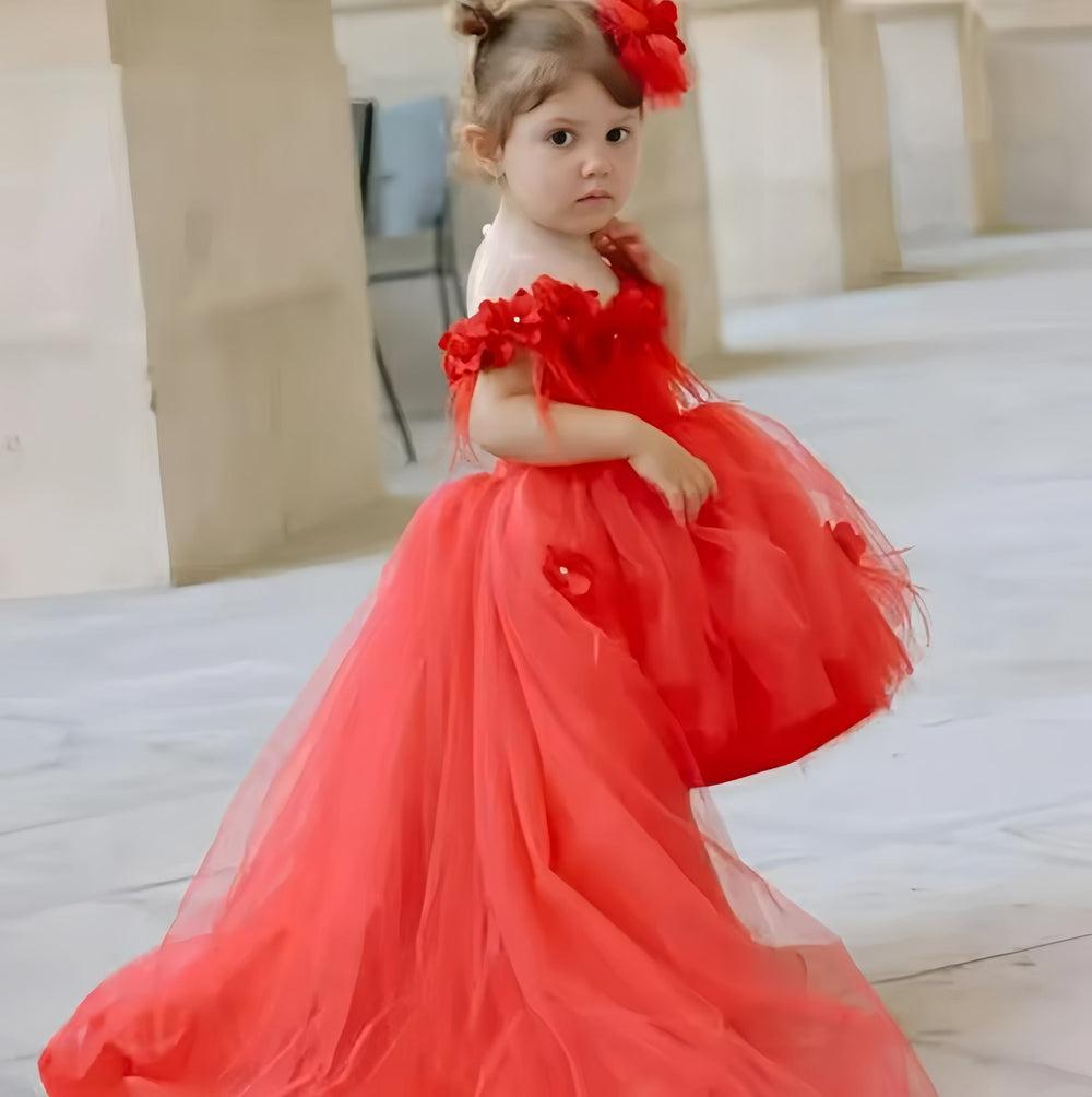 Sunnypetal Red Cute Flower Girl Dress High-Low Off Shoulder Applique Tulle Baby Dress