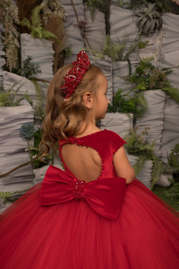 Sunnypetal Red Tulle Flower Girl Dresses Beading Sequins Bow Floor-Length Princess Dress