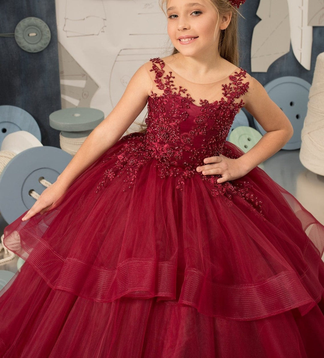 Sunnypetal Red Tulle Lace Appliques Beading Ball Gown Flower Girl Dresses