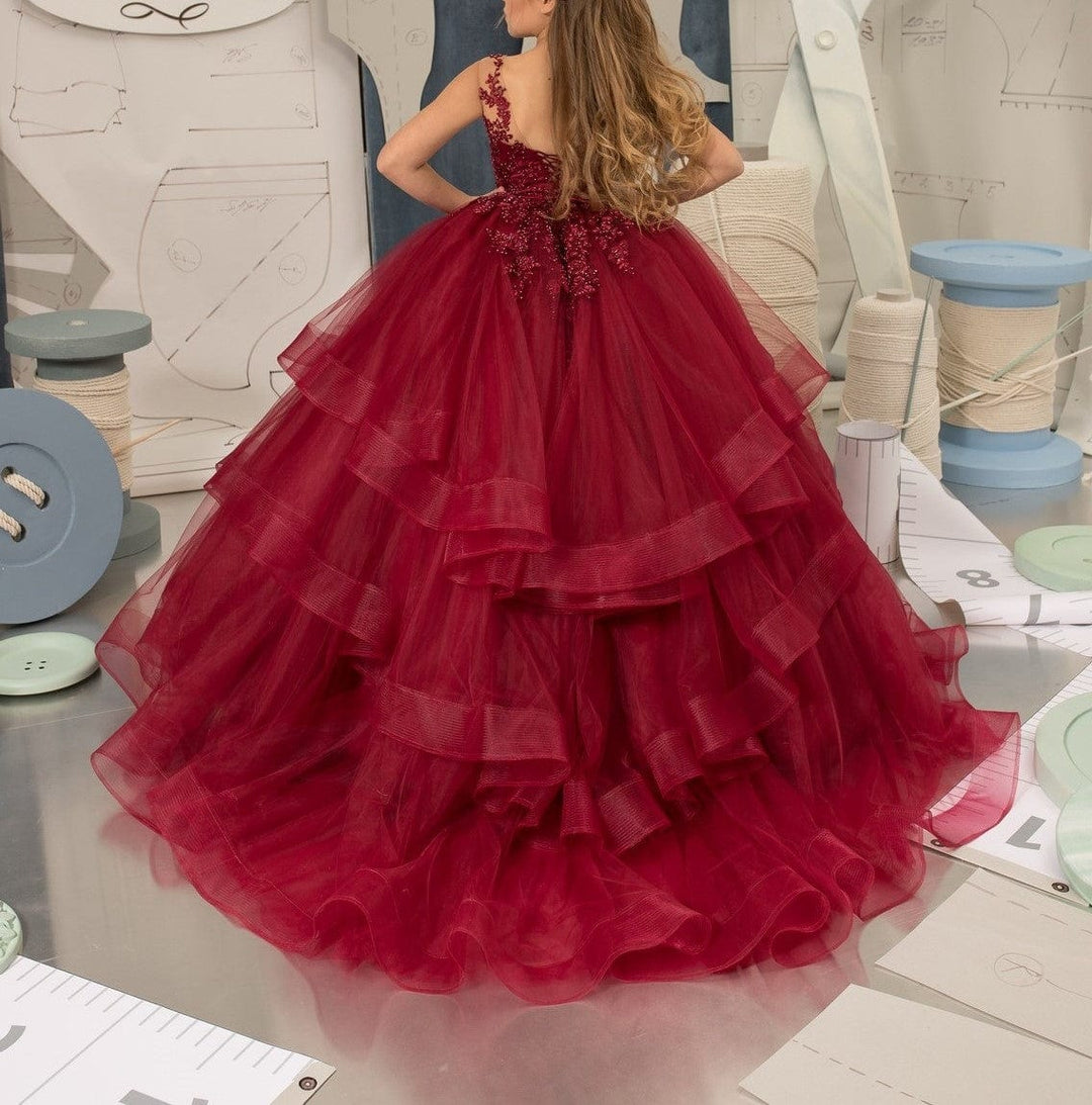 Sunnypetal Red Tulle Lace Appliques Beading Ball Gown Flower Girl Dresses