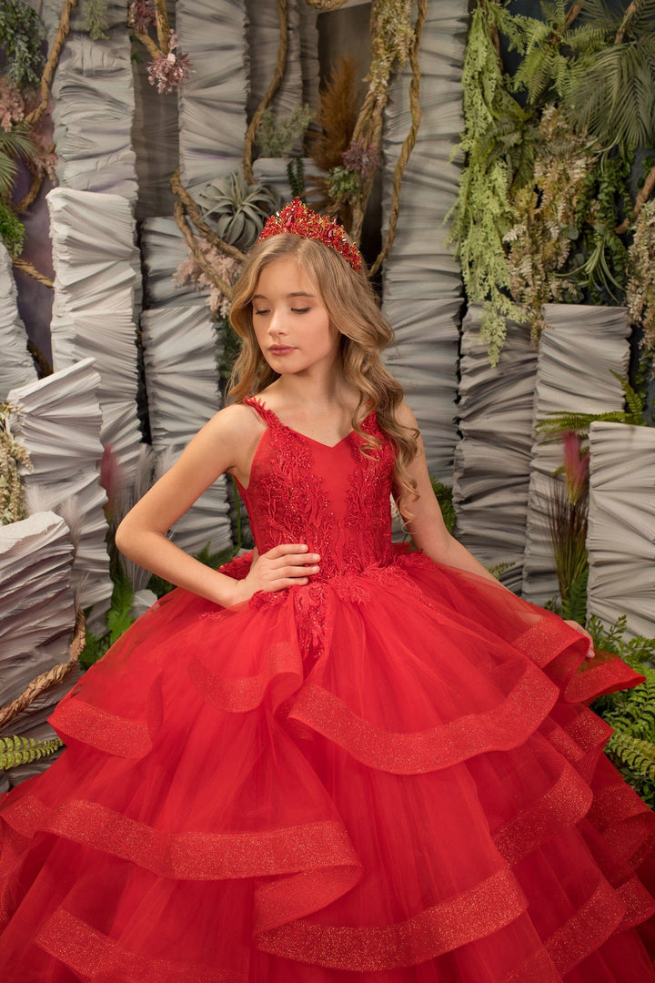 Sunnypetal Red V-Neck Spaghetti Straps Appliques Bodice Shiny Tulle Flower Girl Dresses