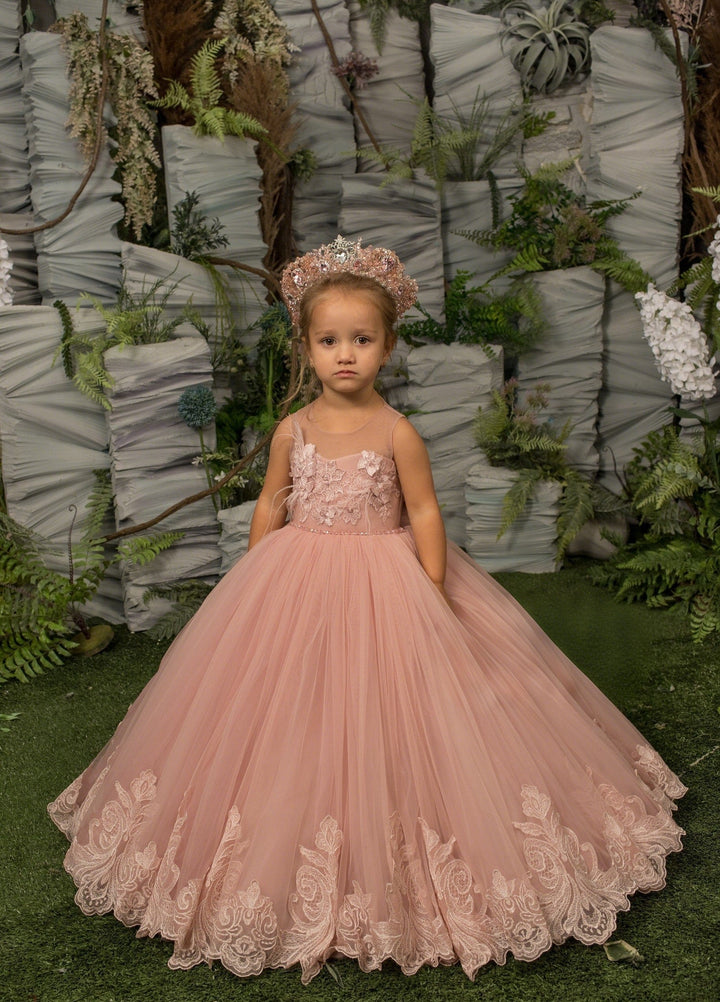 Sunnypetal Rose Pink Floral Embroidery Floor-Length Tulle Flower Girl Dress with Bow