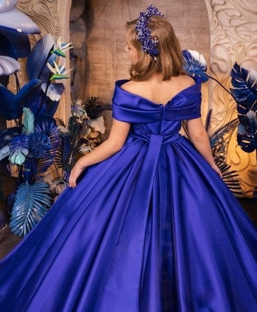 Sunnypetal Royal Blue Off-The-Shoulder Bow Satin Flower Girl Dresses Long Princess Porm Gowns