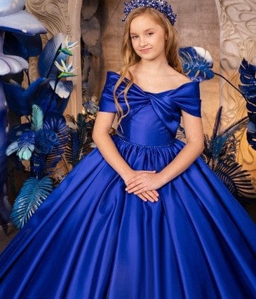 Sunnypetal Royal Blue Off-The-Shoulder Bow Satin Flower Girl Dresses Long Princess Porm Gowns