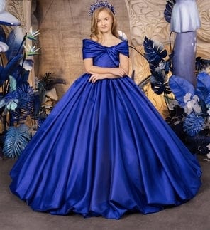 Sunnypetal Royal Blue Off-The-Shoulder Bow Satin Flower Girl Dresses Long Princess Porm Gowns