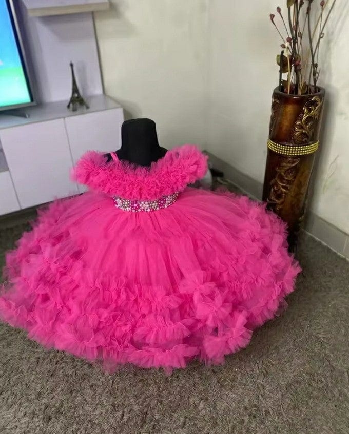 Sunnypetal Ruffles Baby Girl Birthday Pageant Dresses Long Pearls Tulle Princess Dress