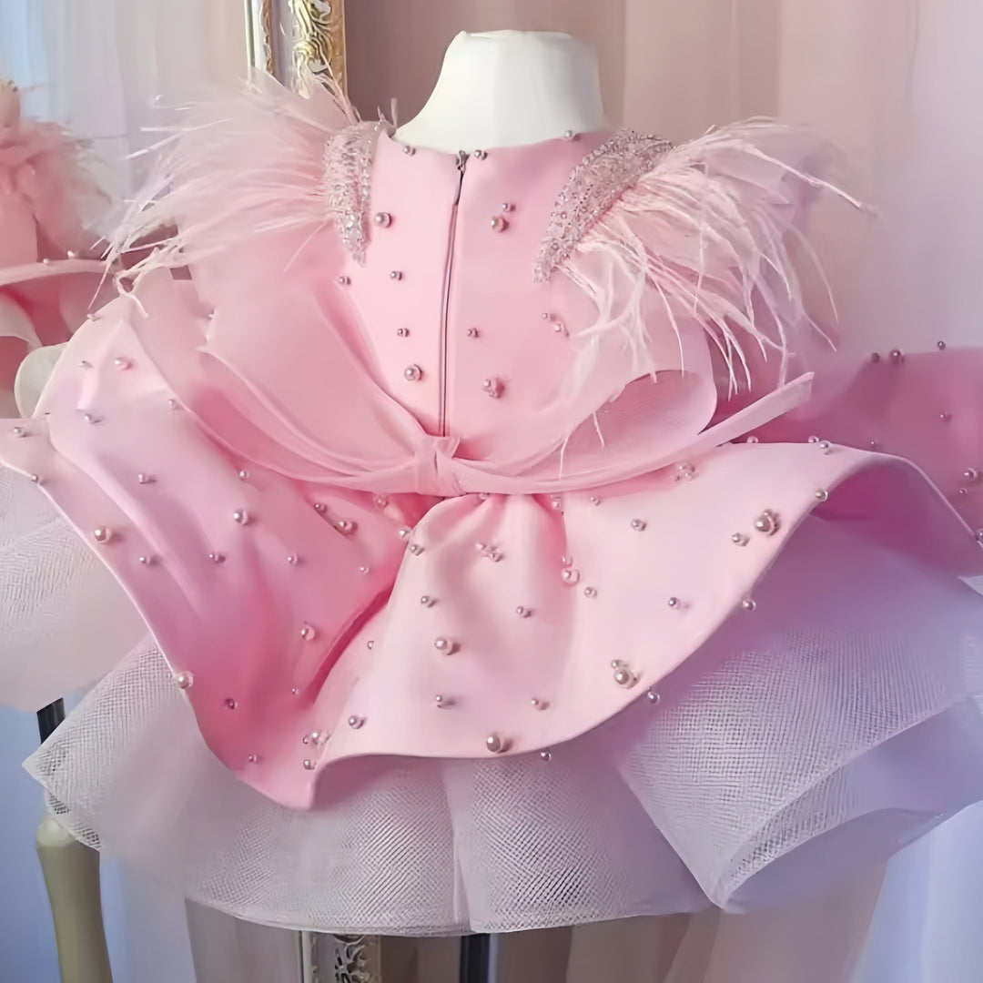 Sunnypetal Satin Baby Toddler Flower Girl Dresses Pearls Bow Feather Birthday Party Dress