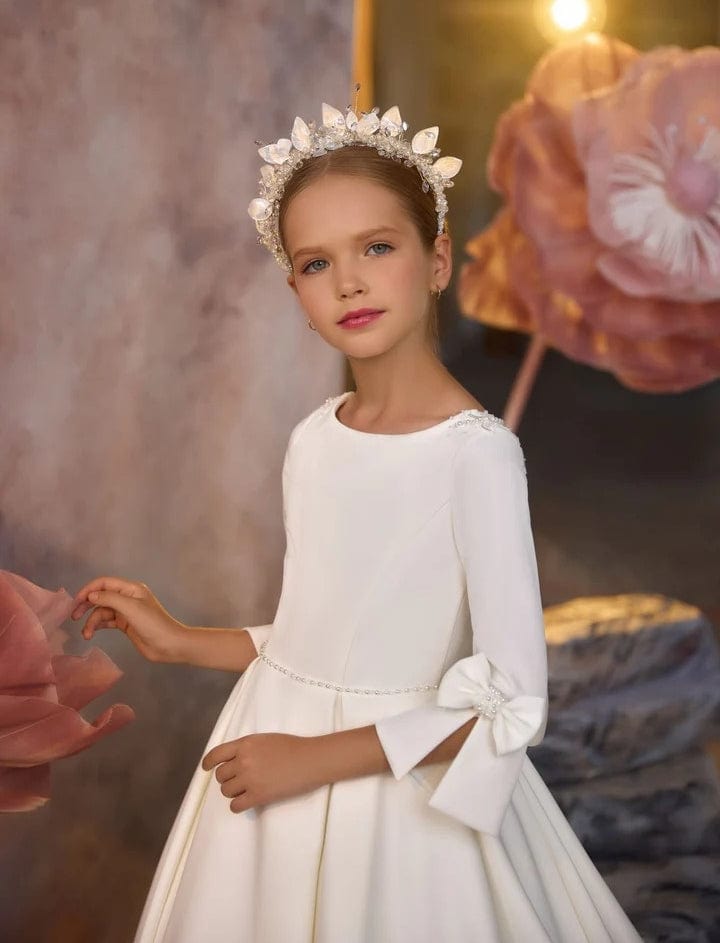 Sunnypetal Satin Flower Girl Dresses Half Sleeves Bow Saving Grace Communion Gown