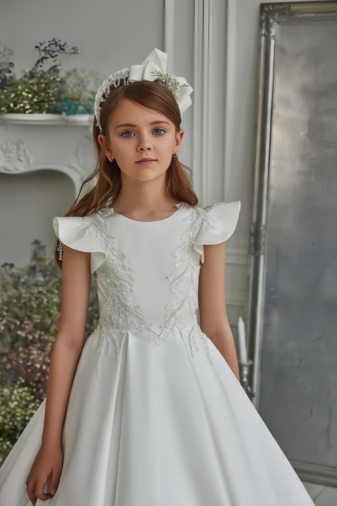 Sunnypetal Satin Flutter Sleeve Appliques Sequins Traditional Dress for Communions