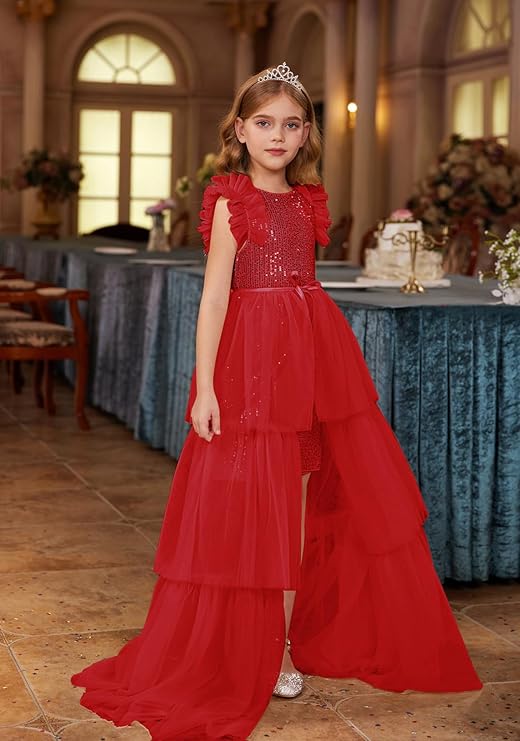 Sunnypetal Shiny Sequin Girls Dresses Party Formal Pageant Tulle Prom Birthday Princess Dress