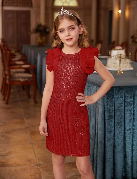 Sunnypetal Shiny Sequin Girls Dresses Party Formal Pageant Tulle Prom Birthday Princess Dress